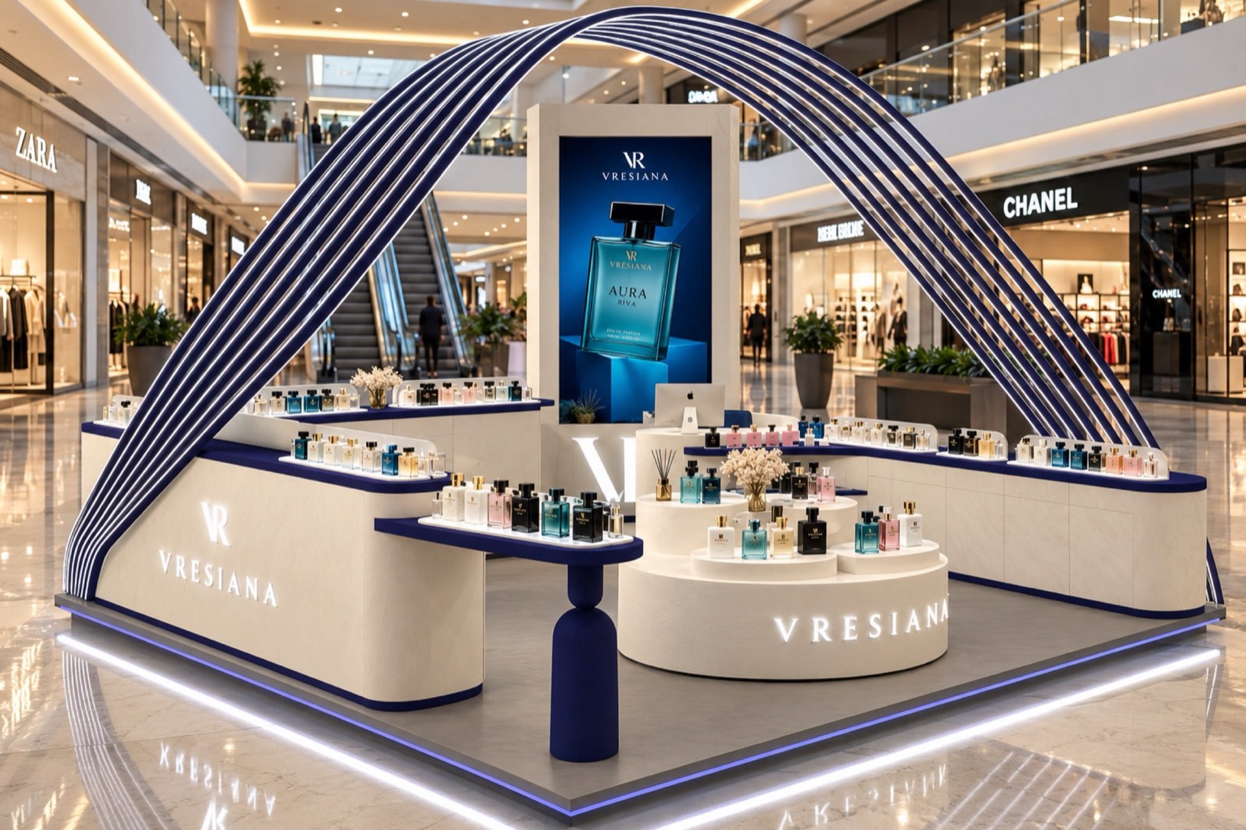 The Vresiana kiosk in a shopping mall, under its navy and white ribbon arch, with the Aura Riva poster on its screen